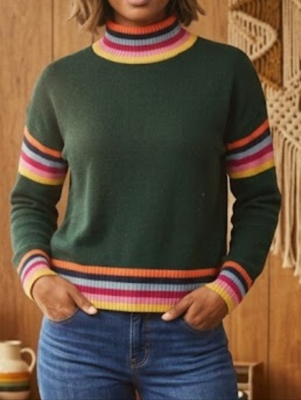 Aqua Cashmere Forest Hep Rainbow Stripe Detailing Crewneck Pullover Large
